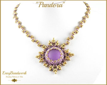 May include: A purple and gold beaded necklace with a large purple gemstone pendant. The necklace is called "Pandora" and is made by Envy Beadwork.