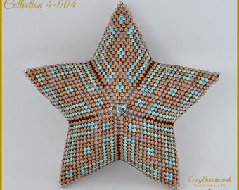 May include: A beaded star ornament in shades of blue, brown, and pink. The star is made with small, evenly spaced beads and has a geometric pattern.