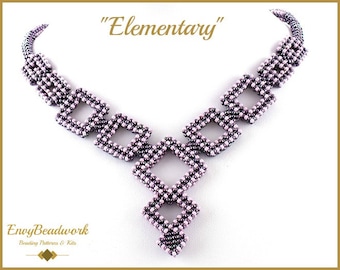 May include: A beaded necklace with a geometric design featuring a series of interlocking squares in shades of purple and pink. The necklace is titled "Elementary".