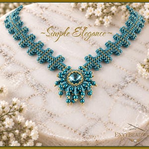 May include: A beaded necklace featuring a central teal crystal surrounded by teal and gold beads with a fringe of dangling beads. The necklace band consists of repeating teal and gold geometric bead patterns. The text Simple Elegance is visible.