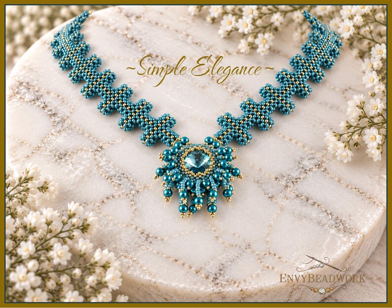 May include: A beaded necklace featuring a central teal crystal surrounded by teal and gold beads with a fringe of dangling beads. The necklace band consists of repeating teal and gold geometric bead patterns. The text Simple Elegance is visible.