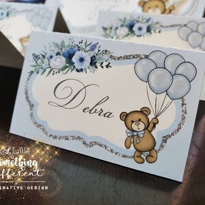 Beary First Birthday Place Cards: Blue Floral, Personalized Set