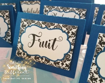 Royal Blue Place Cards / Damask Tent Cards / Buffet Cards / Food Description / Pink and Gray Candy Buffet / Place Cards