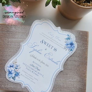 Silver Glitter Sweet 16 Invitation: Blue Floral Design