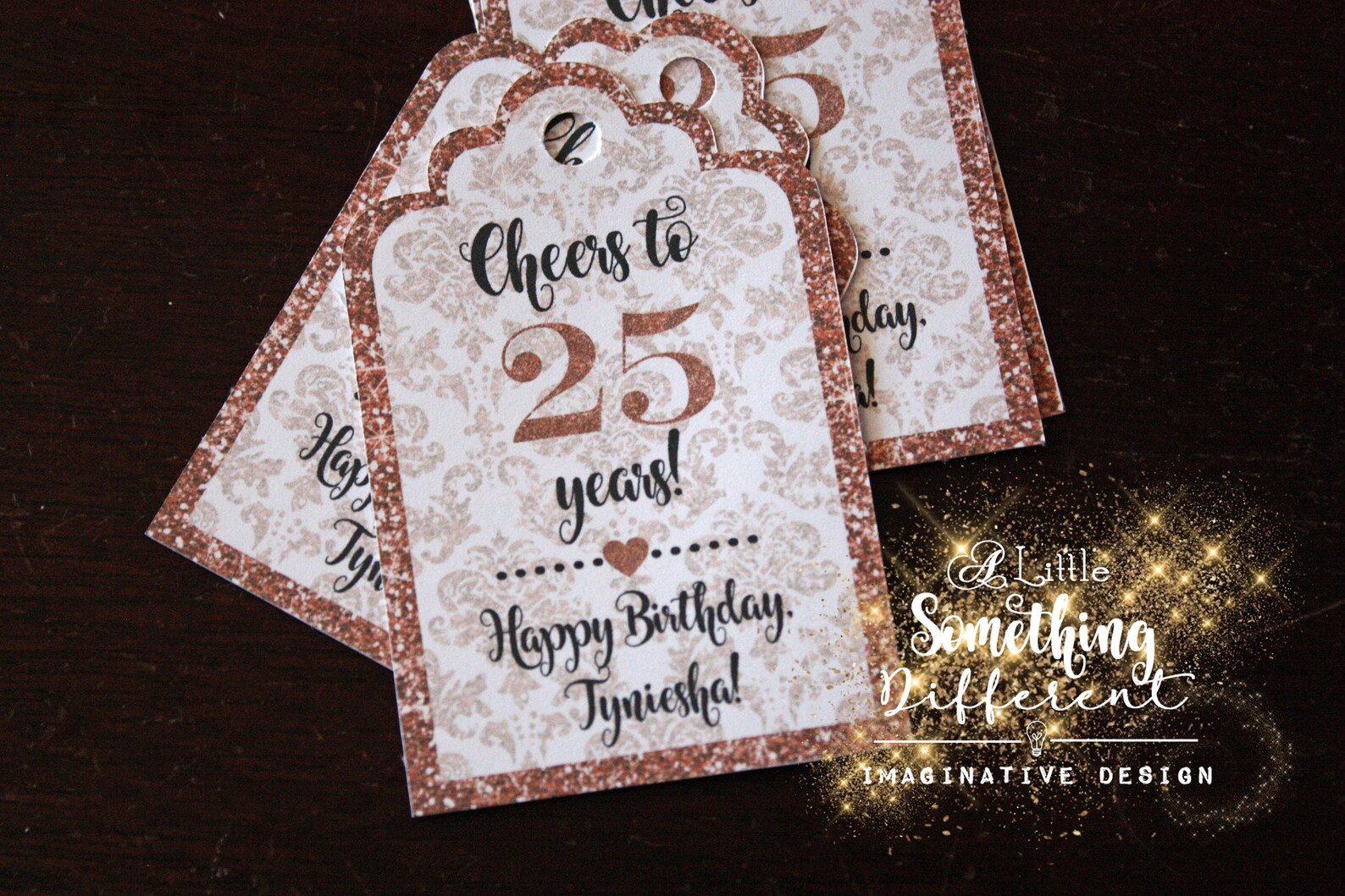 Cheers to 25 Years / Rose Gold / Mini Champagne Bottle Tags / Etsy