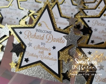 Hollywood Black and Gold Star Place Cards, Table Setting, Prom, Awards Ceremony, Oscars, twinkle little star, black tie affair,