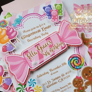 Candy Gingerbread Themed Party Invitation Sweets Party Invite Cotton Candy Lollipop Gumdrops Gummy Bears Candy Shop Candy Factory