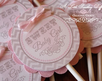 Pink and Gray Bridal Shower, Baby Shower, Decorations, Supplies, Cake Toppers, Cupcake Toppers, Chevron, Baby Girl