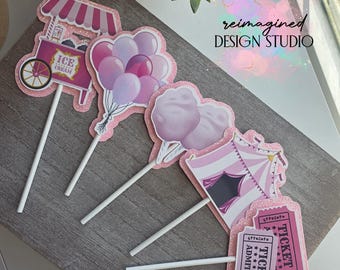 Pink Circus Carnival Cupcake Toppers / Circus Birthday / Girl Carnival Birthday / Decor / Decorations / Supplies / Girl
