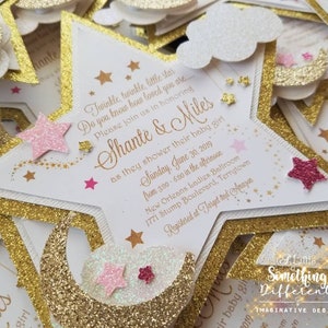Twinkle twinkle little star baby shower invitations, invites, supplies, star invitations, moon and star, clouds, pink, fuchsia, baby girl