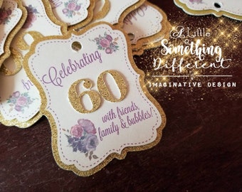 Cheers to 60 Years Wine Bottle Favor Tags with Flowers and Glitter / Purple and Gold / 50 / 40 / 30 / Any Age / Customized Wording