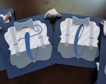 Little Man Baby Shower Decorations / Bow tie Banner / Navy Blue and Gray / Suspenders / Overalls