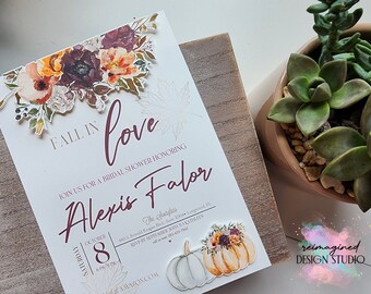 May include: Fall in love bridal shower invitation with a watercolor floral design and pumpkins. The invitation is for Alexis Falor and is set for October 8th at 6 p.m. at The Hourglass, 4805 Ronald Reagan Blvd, Suite 1004, Longwood, FL. RSVP by September 30th to Kathleen at 583-433-7845.