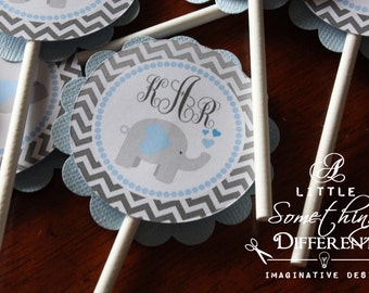 Elephant Baby Shower Decor Supplies Decorations Cupcake Toppers / Cupcake Decor / Blue / Gray / Grey / Chevron / Centerpiece Sticks