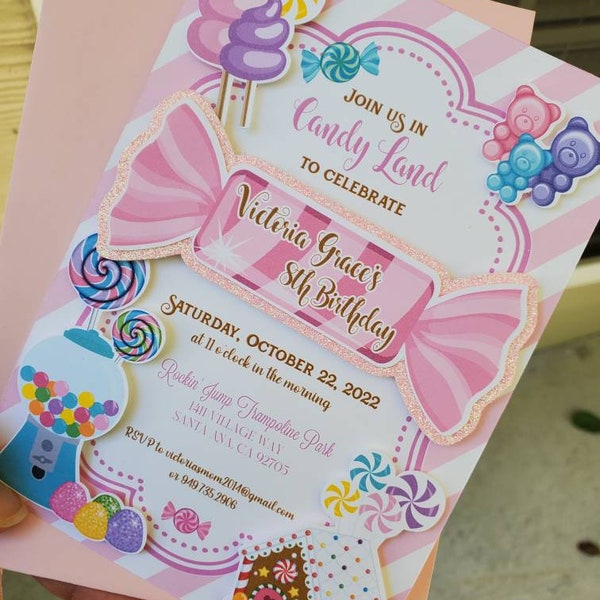 Candy Gingerbread Themed Party Invitation Sweets Party Invite Cotton Candy Lollipop Gumdrops Gummy Bears Candy Shop Candy Factory