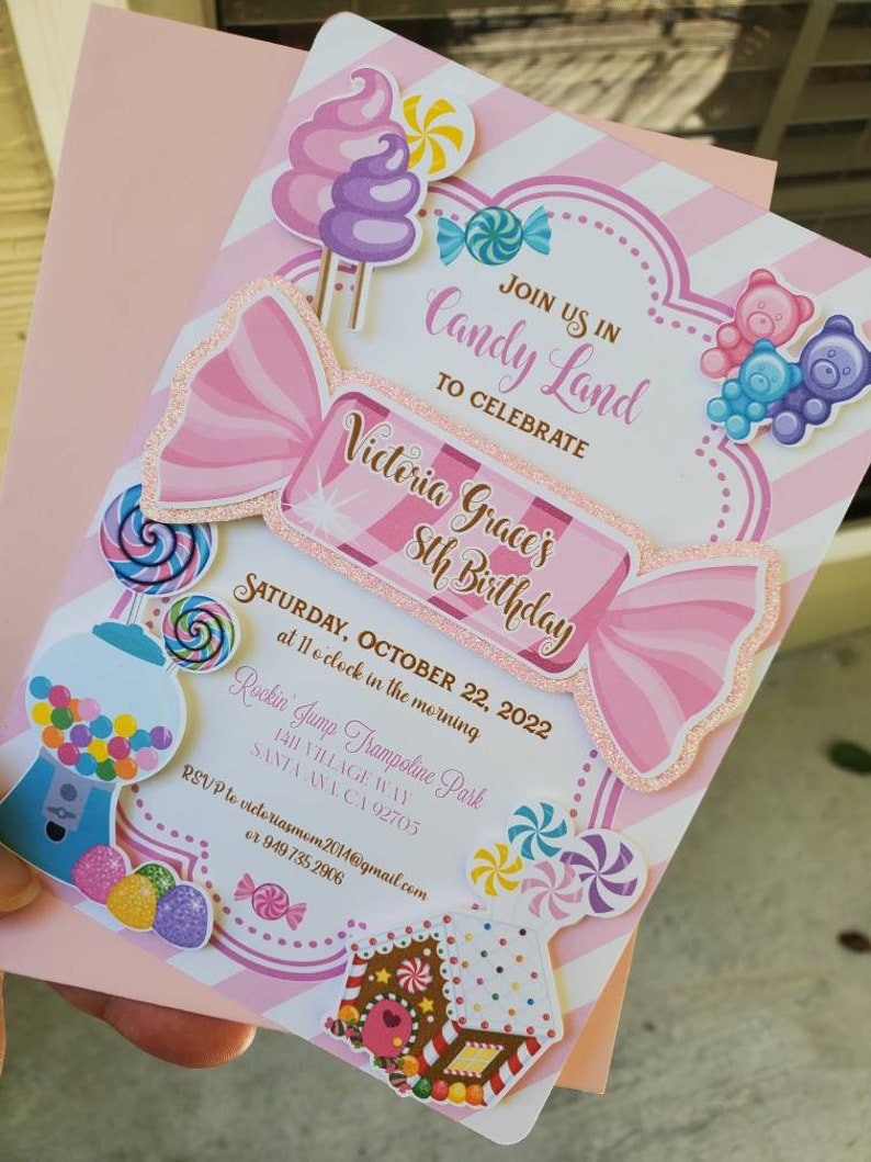 Candy Gingerbread Themed Party Invitation Sweets Party Invite Cotton Candy Lollipop Gumdrops Gummy Bears Candy Shop Candy Factory image 1