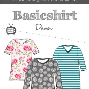Könnte beinhalten: Drei verschiedene Schnittmuster für ein Basic-Shirt. Die Schnittmuster sind für die Größen 32 bis 58. Das erste Schnittmuster ist ein Blumenmuster, das zweite ist ein graues Shirt mit weißen Kreisen und das dritte ist ein türkisfarbenes und weiß gestreiftes Shirt. Der Text "Basicshirt Damen" befindet sich oben im Bild.