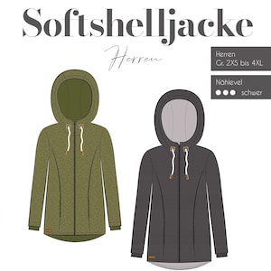 Könnte beinhalten: Ein Schnittmuster für eine Softshelljacke. Das Schnittmuster beinhaltet zwei verschiedene Farboptionen: eine grüne Jacke und eine schwarze Jacke. Das Schnittmuster ist für die Größen 2XS bis 4XL und gilt als schwieriges Nähprojekt.