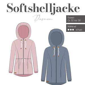 Può includere: Un cartamodello per una giacca in softshell. Il cartamodello è per le taglie dalla 32 alla 58 ed è considerato un progetto di cucito difficile. L'immagine mostra due illustrazioni della giacca in rosa e blu.