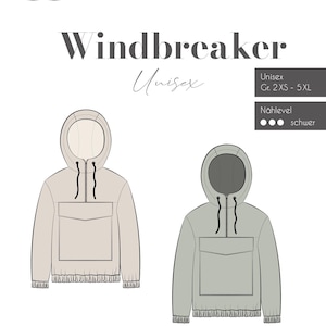Könnte beinhalten: Ein Schnittmuster für eine Unisex Windbreaker Jacke. Das Schnittmuster enthält zwei Illustrationen der Jacke, eine in Beige und eine in Grün. Der Text auf dem Schnittmuster lautet "Windbreaker Unisex" und "Schnittmuster sewing pattern".