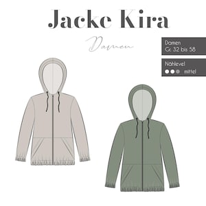 Op de afbeelding: Een naaipatroon voor een capuchontrui, genaamd "Jacke Kira", voor maten 32 tot 58. Het patroon bevat een video tutorial en wordt geclassificeerd als een naa 프로젝트 van gemiddeld niveau.