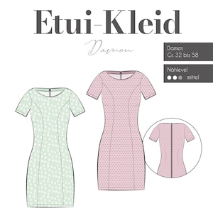 Könnte beinhalten: Ein Schnittmuster für ein Etui-Kleid, für Damen. Das Schnittmuster ist in den Größen 32 bis 58 erhältlich und gilt als ein Nähprojekt für Fortgeschrittene. Das Bild zeigt zwei Versionen des Kleides, eine in Hellgrün mit weißen Punkten und die andere in Hellrosa mit weißen Punkten.