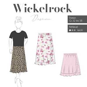 Könnte beinhalten: Ein Schnittmuster für einen Wickelrock, genannt "Wickelrock Damen". Das Schnittmuster ist für die Größen 32 bis 58 und gilt als leicht zu nähen. Das Bild zeigt eine Frau, die ein schwarzes Shirt und einen Leopardenrock, einen Wickelrock mit Blumenmuster und einen einfarbigen rosa Wickelrock trägt.