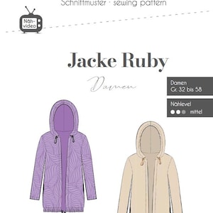 Op de afbeelding: Een naaipatroon genaamd "Fadenköfer" met de tekst "Jacke Ruby Damen." De afbeelding toont illustraties van twee jassen met capuchon, één lavendelkleurig met een patroon en één beige. Het patroon bevat informatie over de maat en het naaivaardigheidsniveau.