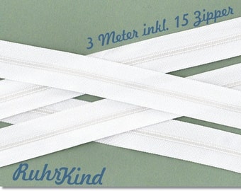 3m Endlosreißverschluss 3mm +15 Zipper Weiß