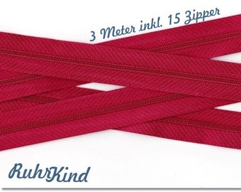 3 m Endless zipper 3 mm +15 Zipper Red