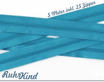 5 m endless zipper 3 mm +25 zipper turquoise blue