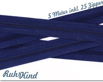 5m Endlosreißverschluss 3mm +25 Zipper Dunkelblau