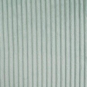 Op de afbeelding: Close-up van een getextureerde, lichtblauwe corduroy stof. De stof heeft verticale, parallelle ribbels, waardoor een geribbeld effect ontstaat. Het zachte, pluche materiaal heeft een matte afwerking en de kleur is een gedempte pastelkleur van groen-blauw.