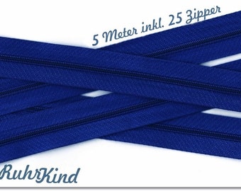 5m Endlosreißverschluss 3mm +25 Zipper Blau