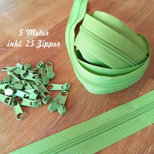 5 meters of endless zipper 3 mm + 25 zipper lime / bag accessories plastic zipper / basic price: Euro 0.78/meter