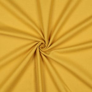 Può includere: Tessuto giallo senape con motivo a spirale. Il tessuto è a trama fitta e sembra essere un materiale di peso medio. Il colore è un giallo dorato caldo e il tessuto è liscio e senza pieghe.