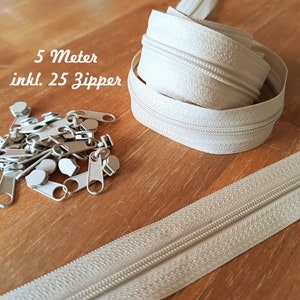 5 meters of endless zipper 3 mm + 25 zippers beige / bag accessories plastic zipper / basic price: Euro 0.78/meter