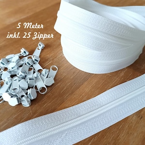 5 meters of endless zipper 3 mm + 25 zippers white / bag accessories plastic zipper / basic price: Euro 0.78/meter