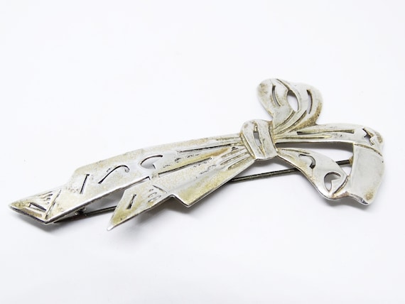 1940s Sterling Silver Bow Ribbon Brooch Sweethear… - image 1