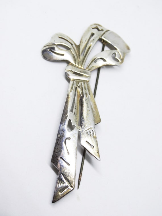 1940s Sterling Silver Bow Ribbon Brooch Sweethear… - image 3