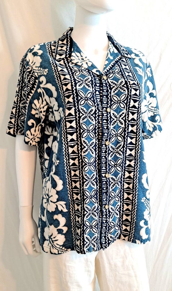 1960s 1970s Mens Blue Hawaiian Print Tiki Shirt S… - image 1