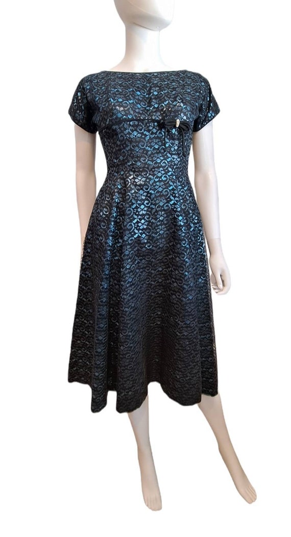 1950s Blue and Black Lace Party Dress with Pockets