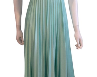 1970s Mint Green Polyester Formal Gown Maxi Dress Pleated Skirt Spaghetti Strap