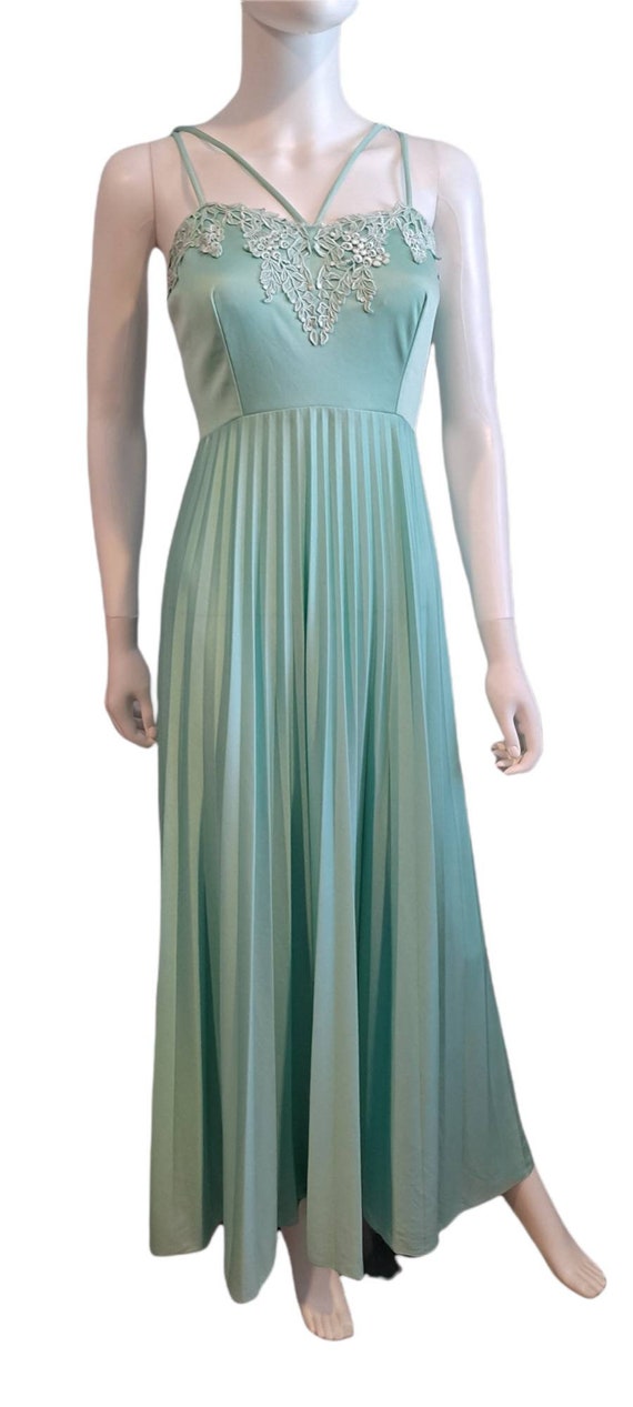 1970s Mint Green Polyester Formal Gown Maxi Dress 