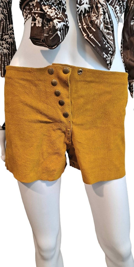 1970s Suede Mustard Yellow  Hot Pants Low Rise Sh… - image 1
