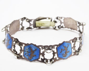 1930s Siam Sterling Silver Blue Enamel Link Bracelet Goddess of Lightning