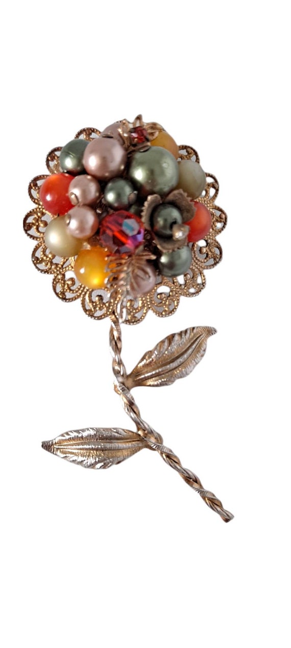 1970s Gold Metal Autumnal Flower Brooch Beaded Flo