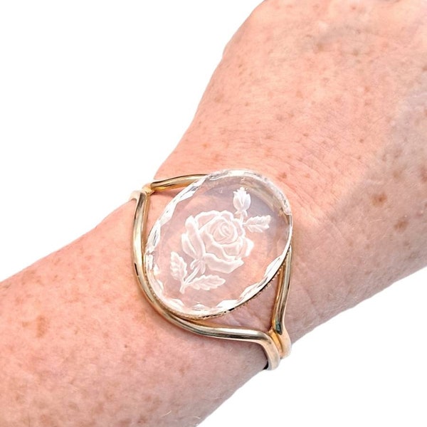 1960s Reverse Carved Lucite Cuff Bracelet Intaglio Flower