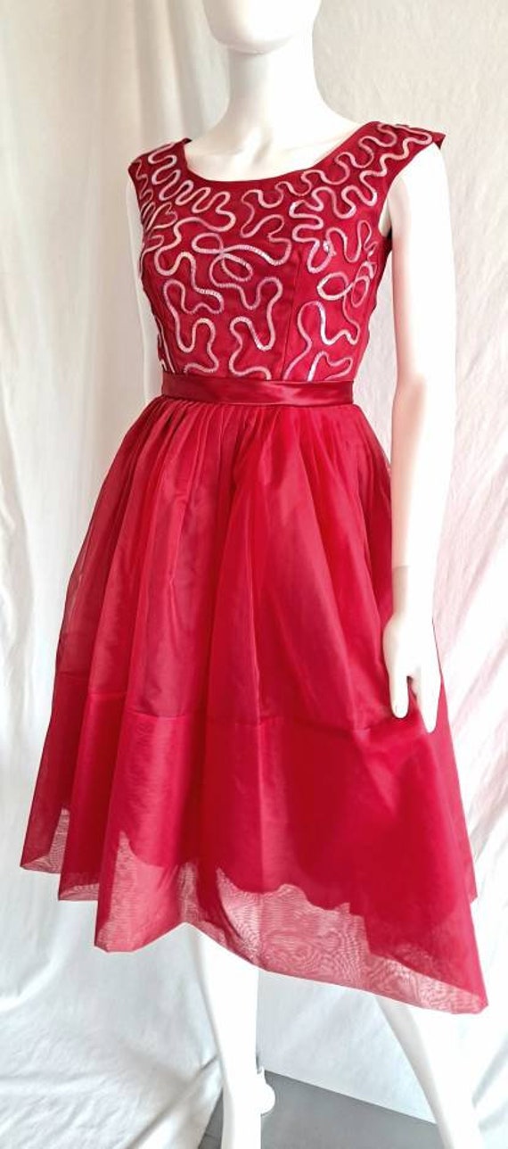 1960s Cherry Red Tulle Party Dress With Sequin Tr… - image 4