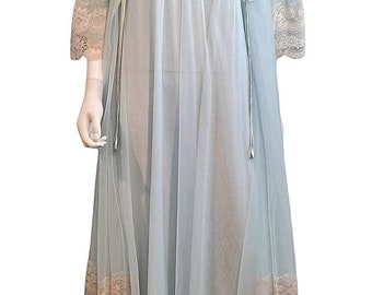 1970s Peignoir Sheer Robe and Nightgown Bridal Set Lingerie Intime Nylon Chiffon Sz M